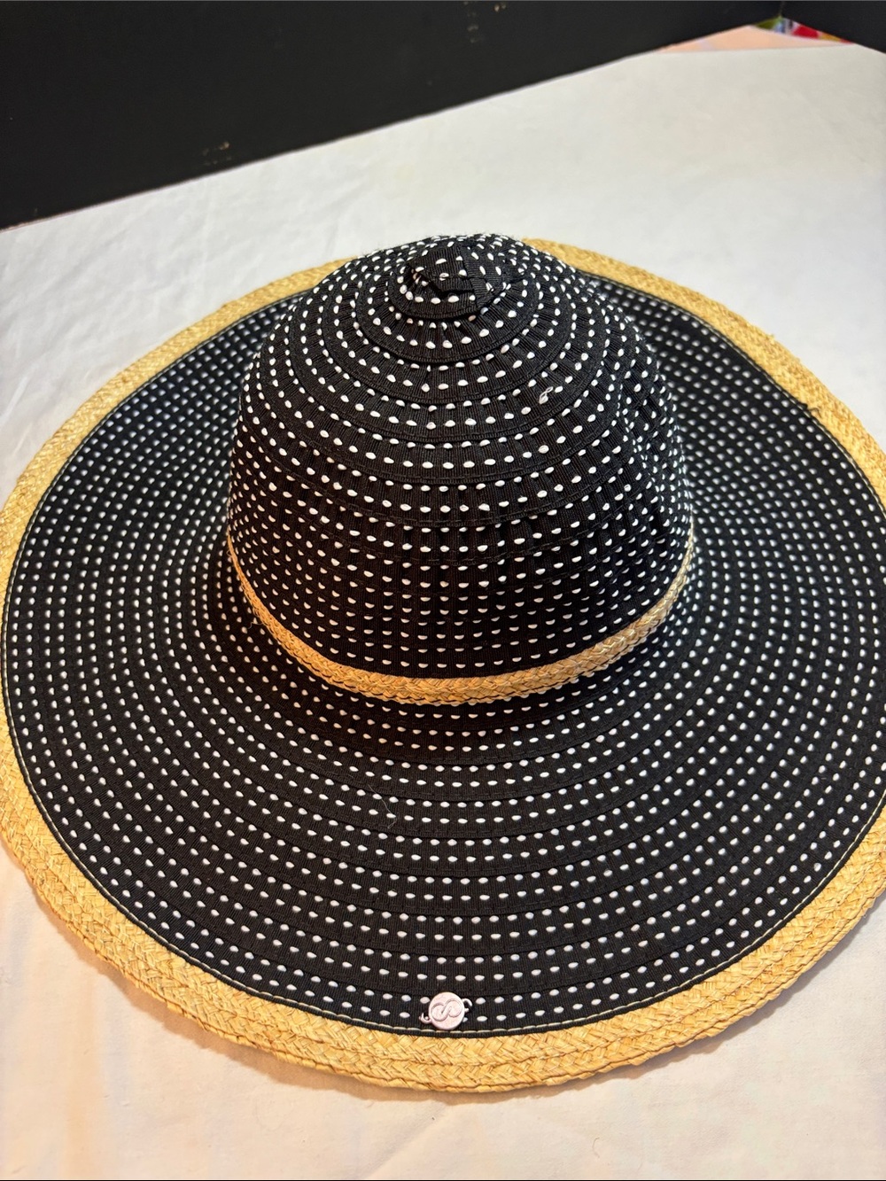 Calia by Carrie Underwood Black Polka Dot Wide-Brim Sun Hat with Straw Trim